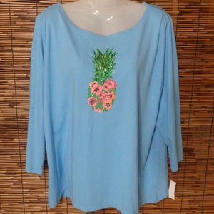 Talbots Pineapple T-Shirt Sequin 3/4 Sleeve Shirt Top